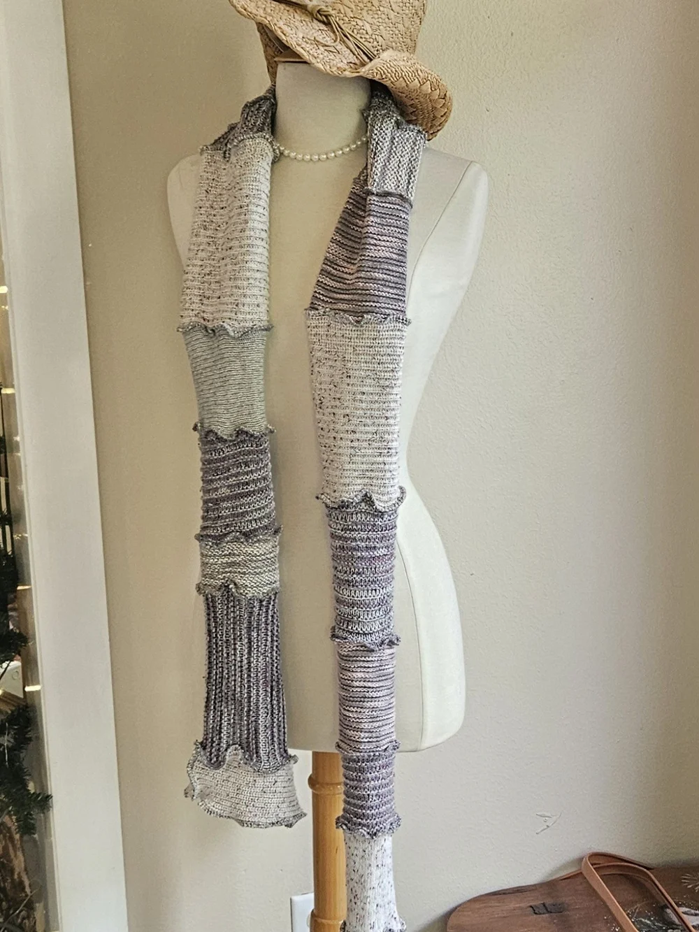 Handcrafted Multi-Tone Gray and Cream Knit Scarf